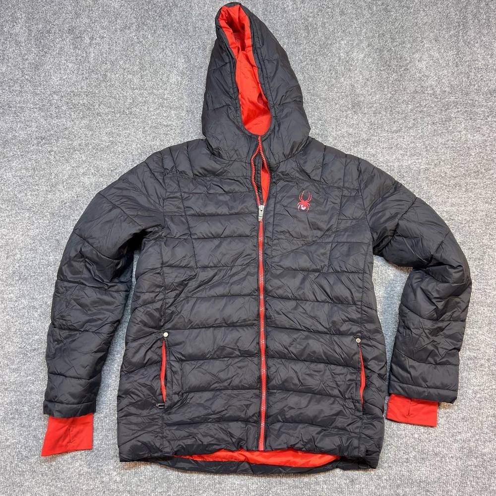 Spyder Jacket Kids XL Black Hooded Puffer Full Zip Insulated Ski Outdoor